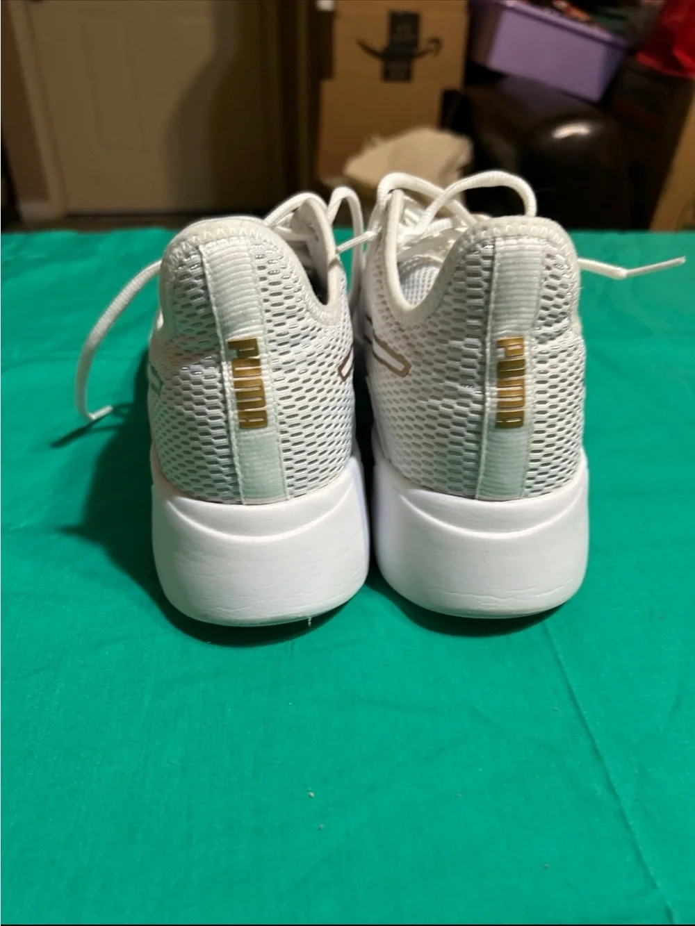 Puma White Mesh Running Sneakers with Gold Accents